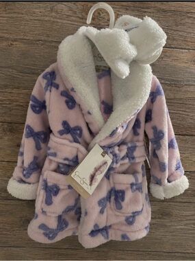 Jessica Simpson Pink Plush Kids Robe with Purple Bow Print and White Sherpa